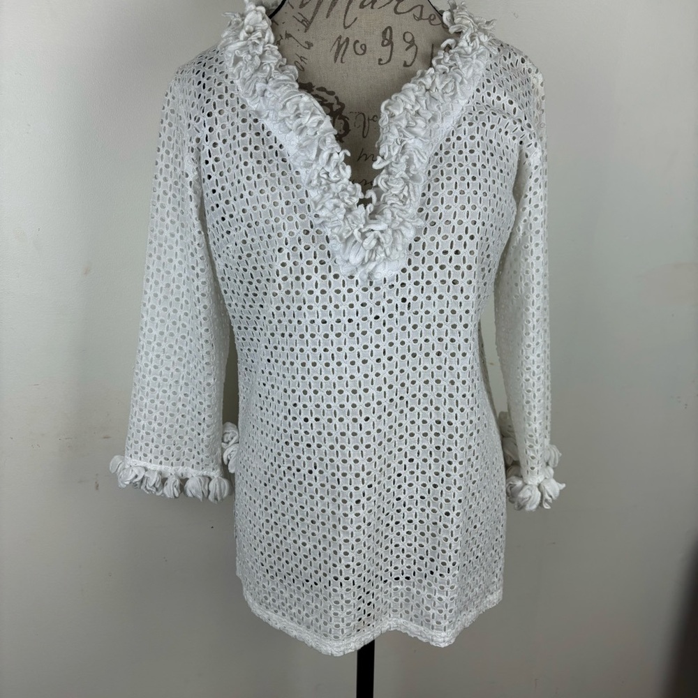 Gretchen Scott Zelda-white eyelet tunic blouse-ruffle detail-3/4 sleeve-Medium